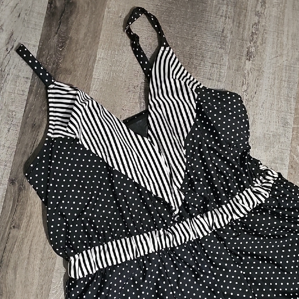 Cacique Black & White Polka Dot Romper with Striped Trim Swim Suit (A) - Picture 2 of 7
